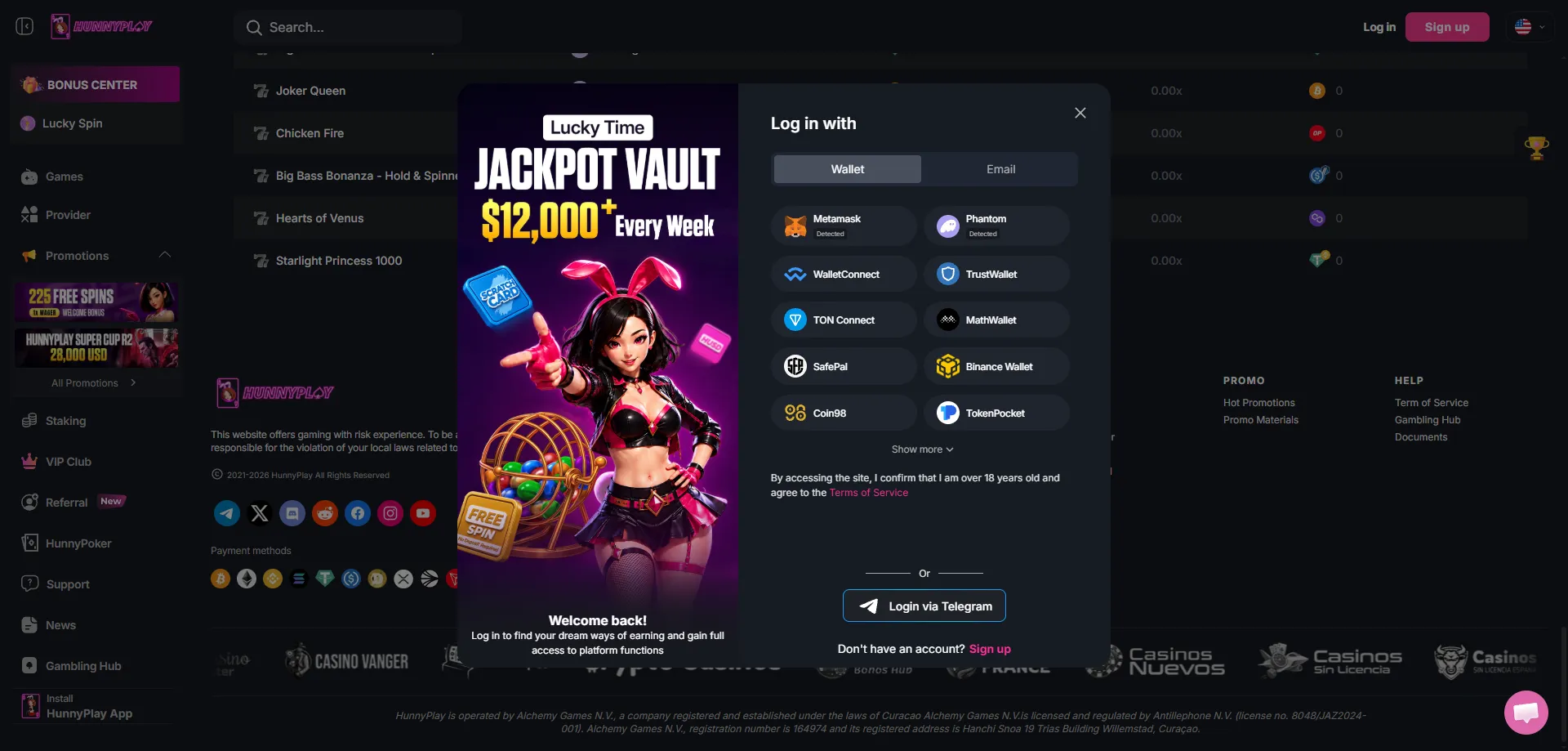 Hunnyplay Casino licence and account security information