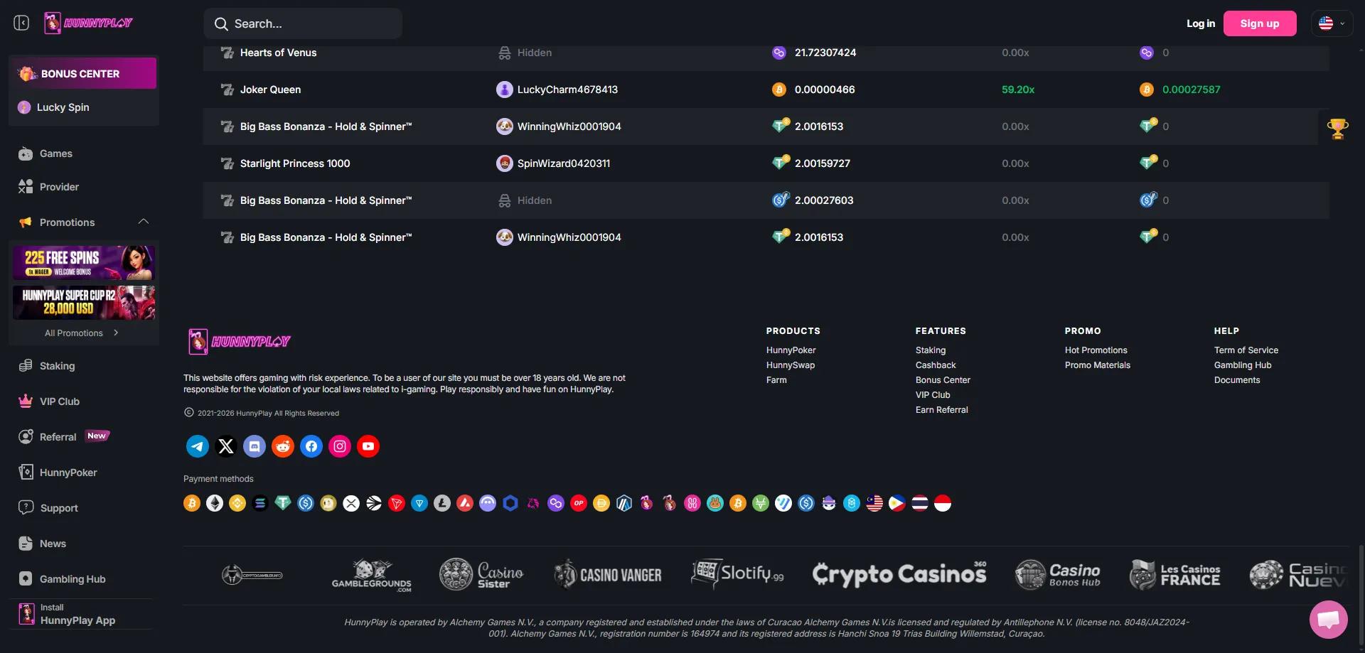 Hunnyplay Casino payment methods — Bitcoin, Ethereum, USDT deposits